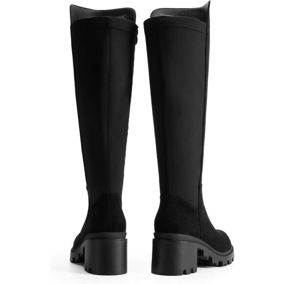 Women's Black-suede Knee High Comfortable Platform Heel Round Toe Stretch Boots - Picture 3 of 6